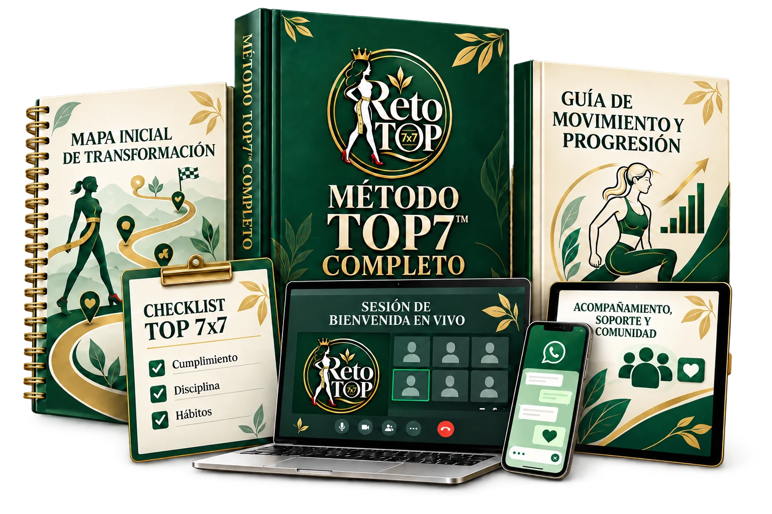 Sistema completo TOP7 con el método, mapa inicial, checklist, guía de movimiento, sesión de bienvenida y comunidad